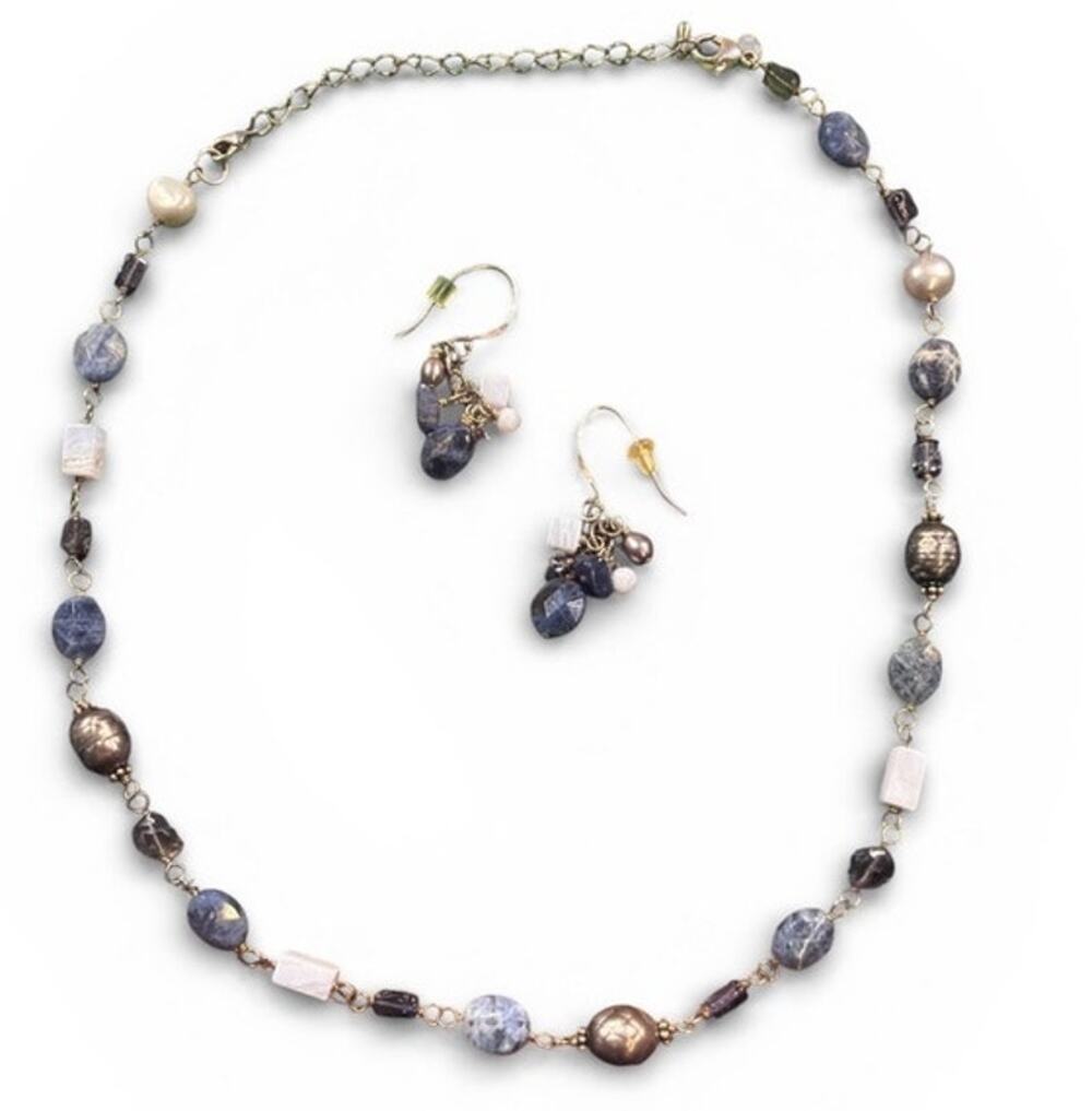 Vtg Silpada Beaded Necklace Dangle Earrings Blue Brown Coastal Western Unique